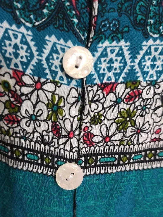 R. Vivimos Womens Dress Buttons Front Slit Teal Floral Tab Sleeves Sz M 8/10 EUC - Picture 5 of 13